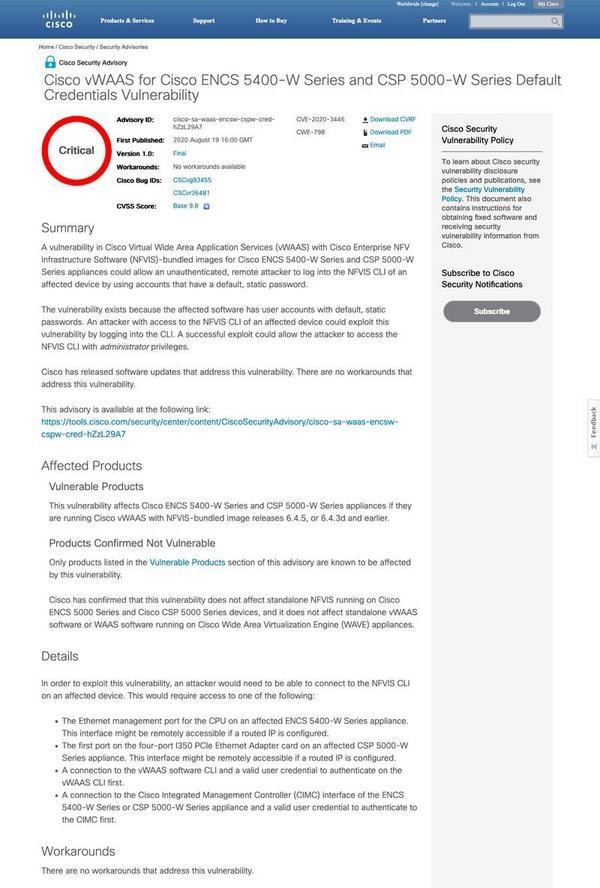 Cisco vWAAS for Cisco ENCS 5400-W Series and CSP 5000-W Series Default Credentials Vulnerability