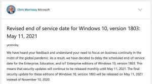Microsoft、Windows 10 v1803のサポート終了日を2021年5月11日まで延期