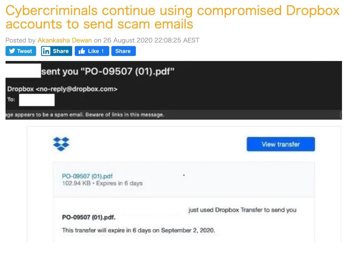 Cybercriminals continue using compromised Dropbox accounts to send scam emails