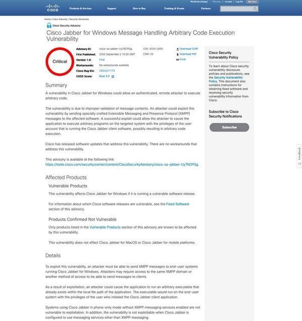 Cisco Jabber for Windows Message Handling Arbitrary Code Execution Vulnerability