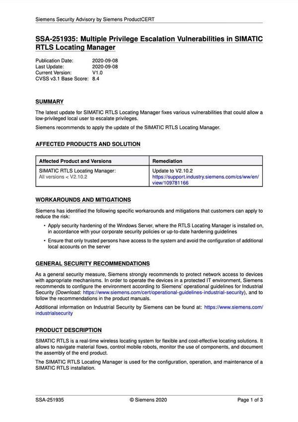 SSA-251935_V1.0 - SSA-251935: Multiple Privilege Escalation Vulnerabilities in SIMATIC RTLS Locating Manager