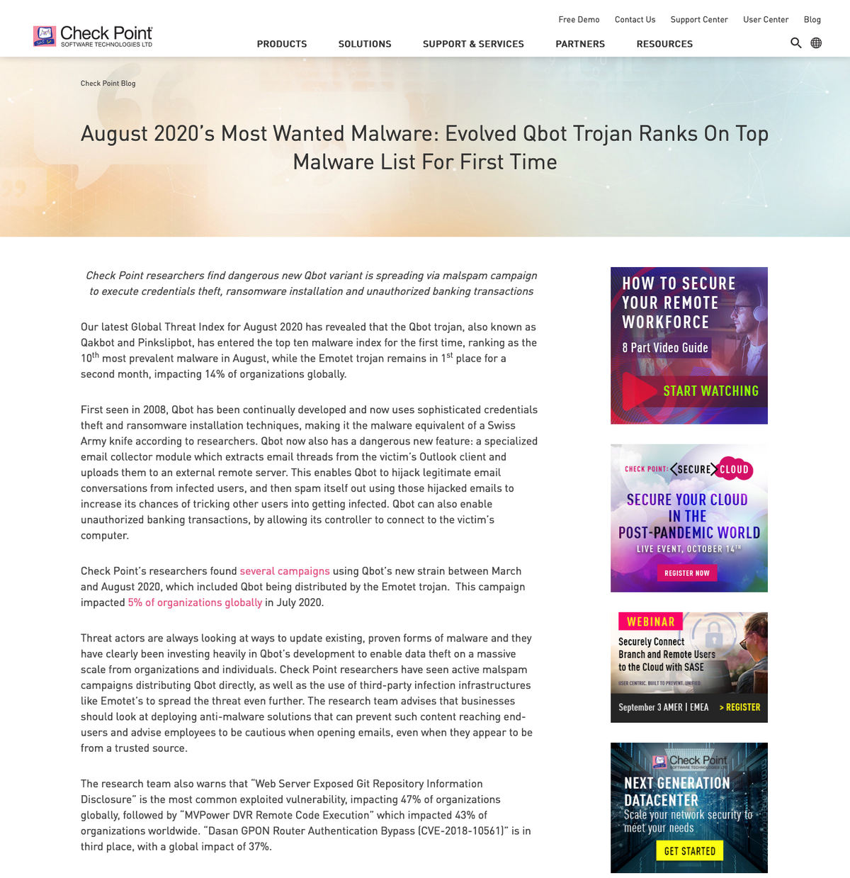 August 2020’s Most Wanted Malware: Evolved Qbot Trojan Ranks On Top Malware List For First Time - Check Point Software