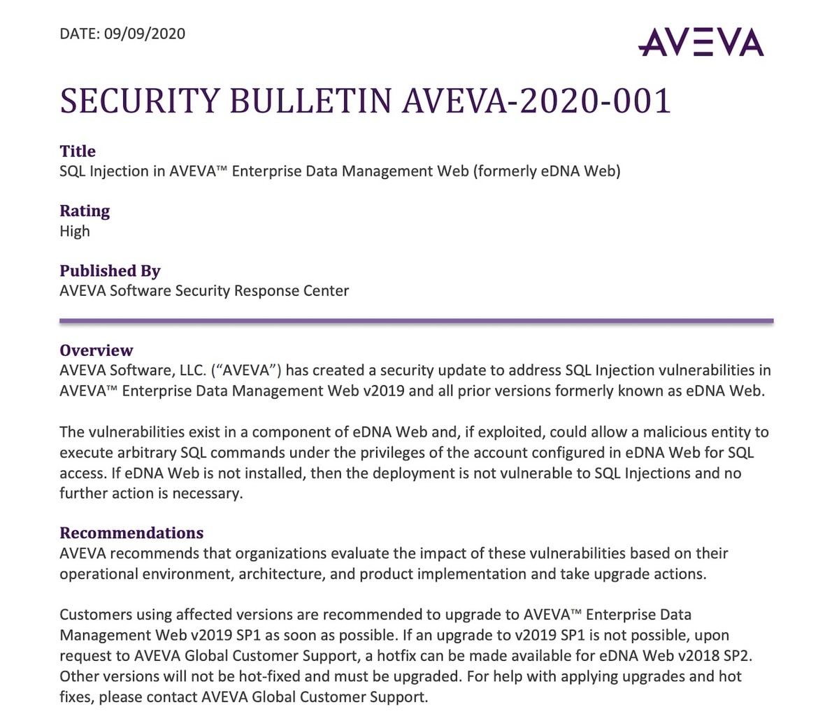 SECURITY BULLETIN AVEVA-2020-001