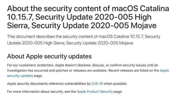 About the security content of macOS Catalina 10.15.7、Security Update 2020-005 High Sierra、Security Update 2020-005 Mojave - Apple Support