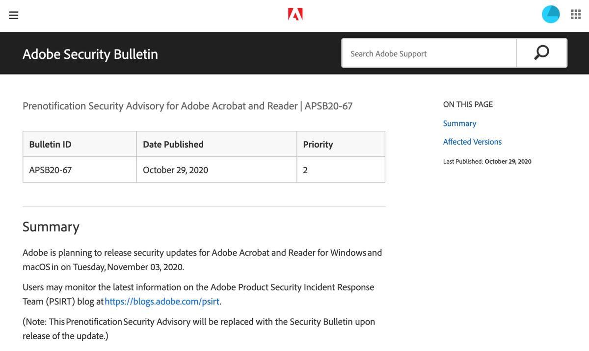 Prenotification Security Advisory for Adobe Acrobat and Reader｜APSB20-67