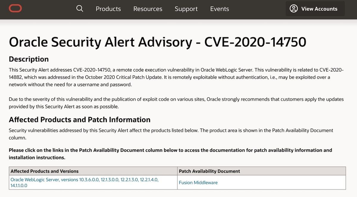 Oracle Security Alert - CVE-2020-14750