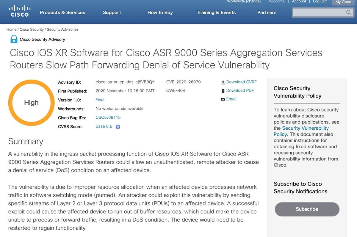 Cisco IOS XR Software for Cisco ASR 9000 Series Aggregation Services Routers Slow Path Forwarding Denial of Service Vulnerability