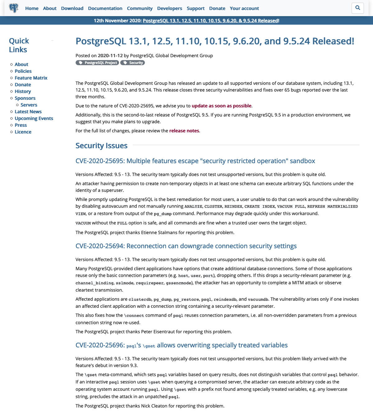 PostgreSQL: PostgreSQL 13.1、12.5、11.10、10.15、9.6.20、and 9.5.24 Released!