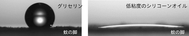 蚊の脚を模した表面に液体を滴下して1秒後の様子