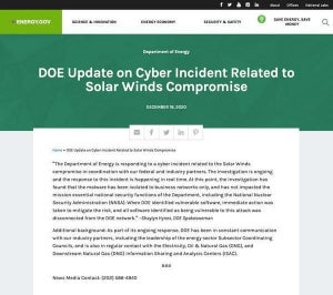 米国エネルギー省、SolarWindsの脆弱性に関わるサイバー攻撃について発表