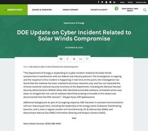 米国エネルギー省、SolarWindsの脆弱性に関わるサイバー攻撃について発表