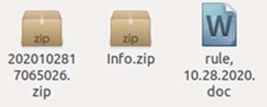 2020102817065026.zip(第1層)→Info.zip(第2層)→ルール,10.28.2020.doc(マルウェアを含むドキュメント)