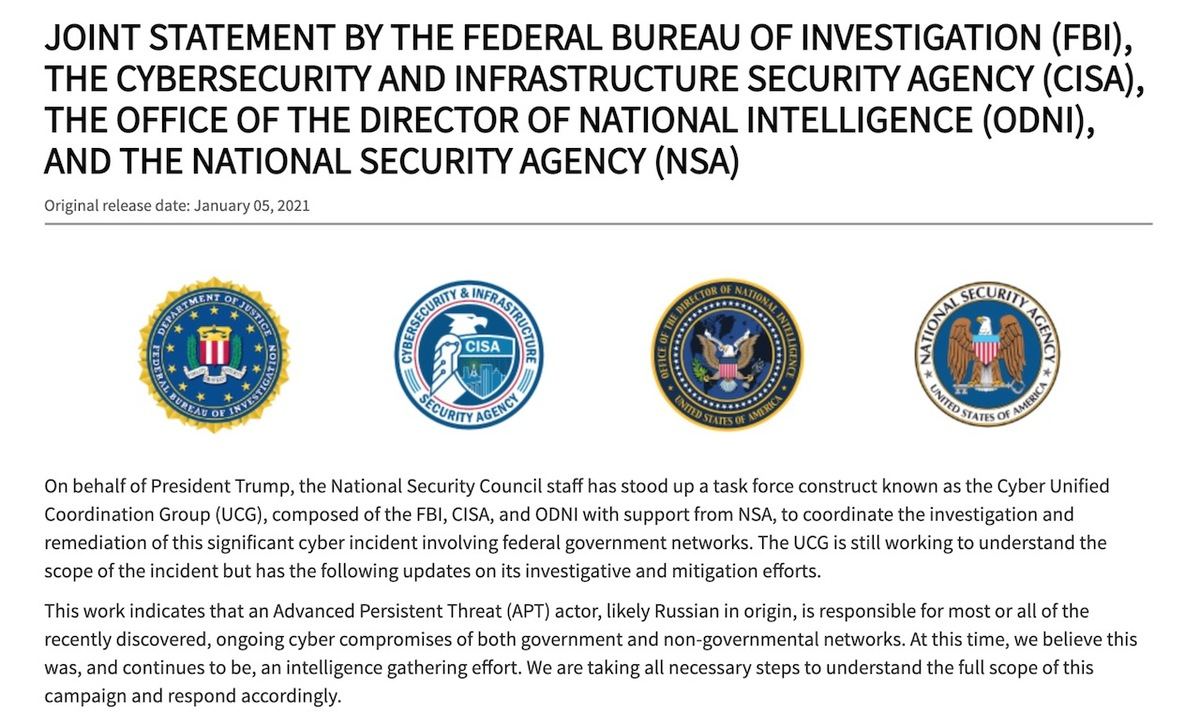 Joint Statement by the Federal Bureau of Investigation (FBI)、the Cybersecurity and Infrastructure Security Agency (CISA)、the Office of the Director of National Intelligence (ODNI)、and the National Security Agency (NSA)｜CISA