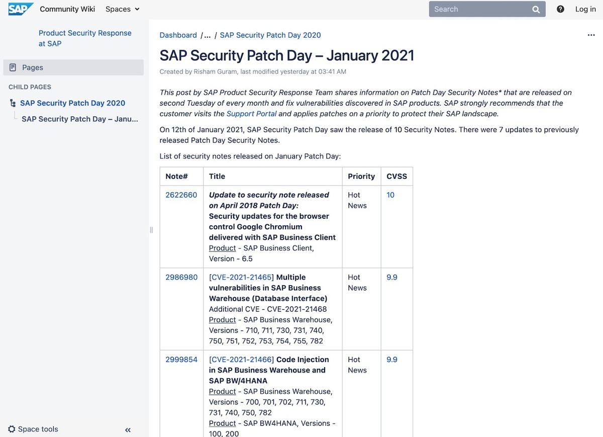 SAP Security Patch Day – January 2021 - Product Security Response at SAP - Community Wiki
