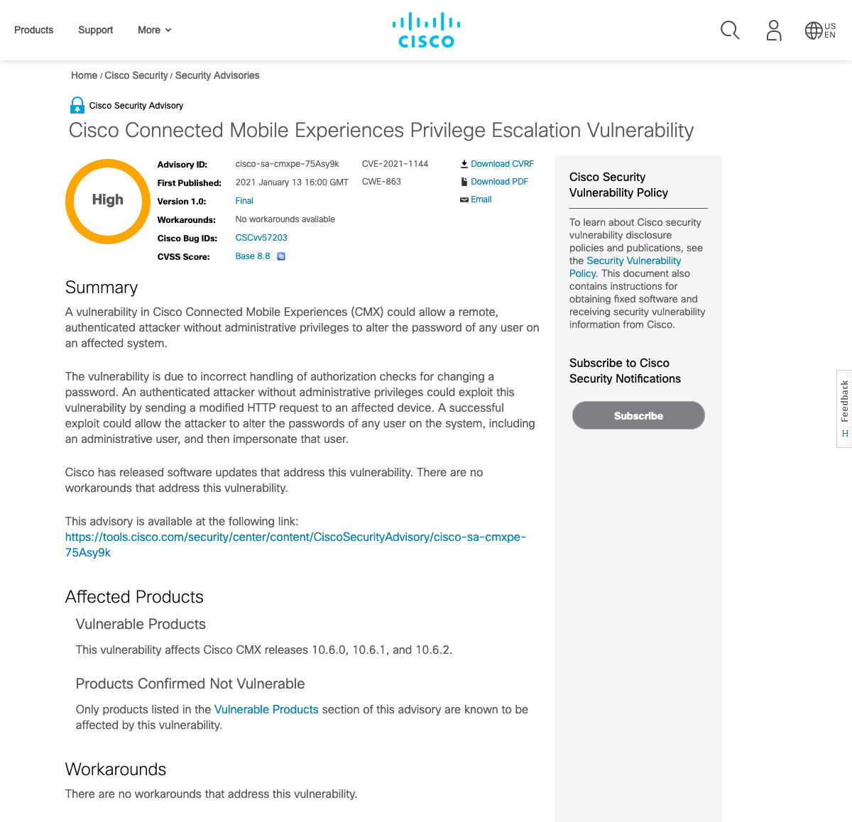 Cisco Connected Mobile Experiences Privilege Escalation Vulnerability