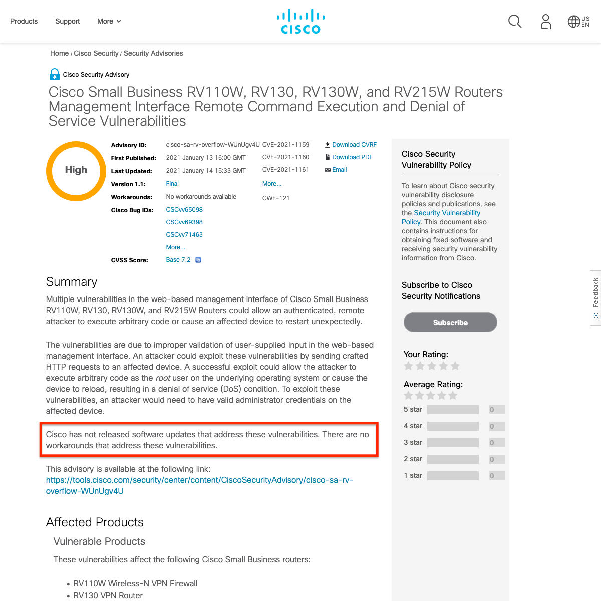 Cisco Small Business RV110W、RV130、RV130W、and RV215W Routers Management Interface Remote Command Execution and Denial of Service Vulnerabilities