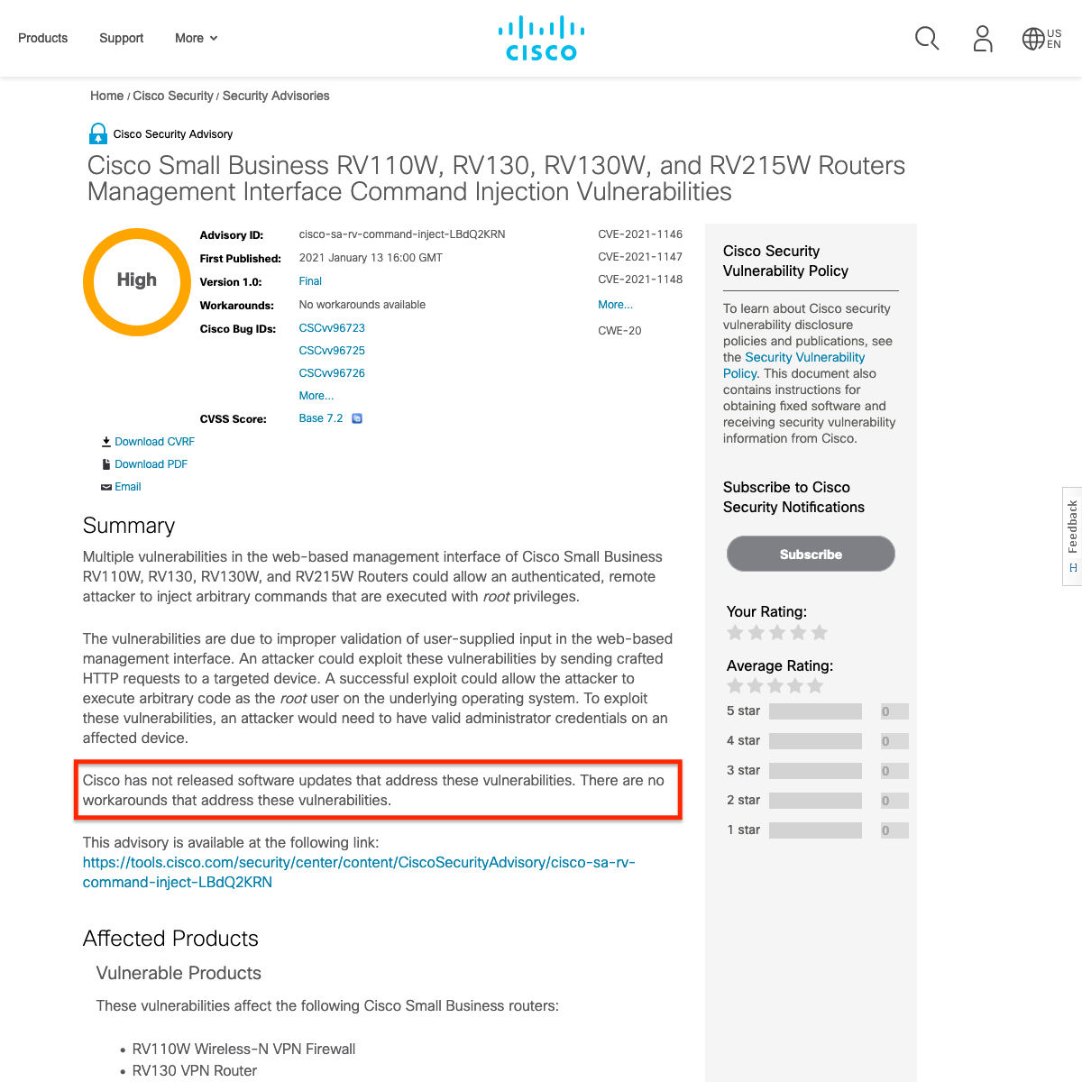 Cisco Small Business RV110W、RV130、RV130W、and RV215W Routers Management Interface Command Injection Vulnerabilities