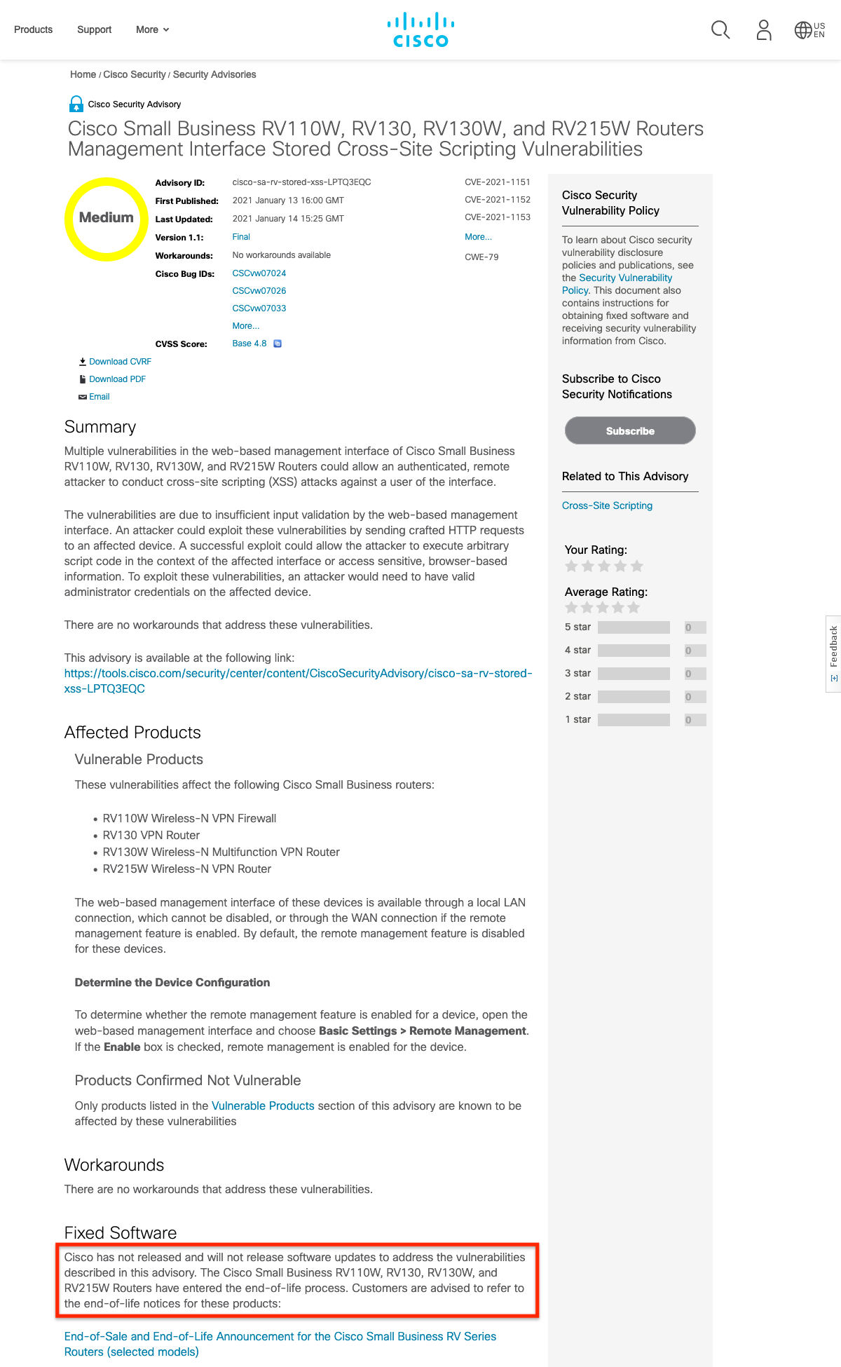 Cisco Small Business RV110W、RV130、RV130W、and RV215W Routers Management Interface Stored Cross-Site Scripting Vulnerabilities