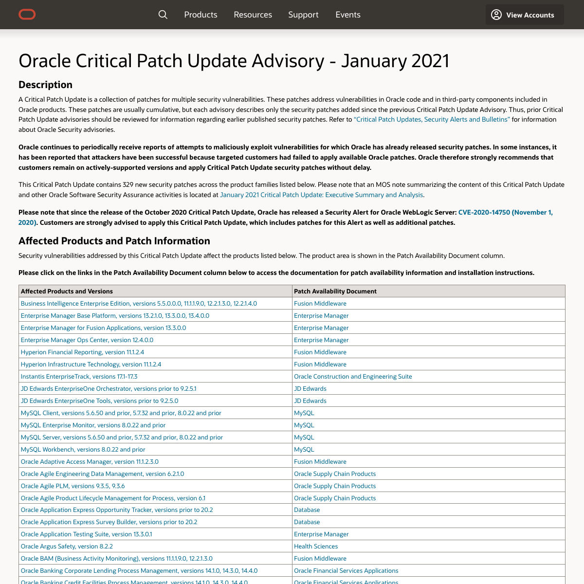 Oracle Critical Patch Update Advisory - January 2021