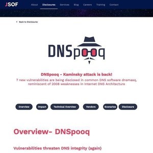 Dnsmasqに脆弱性「DNSpooq」、迅速にアップデートを