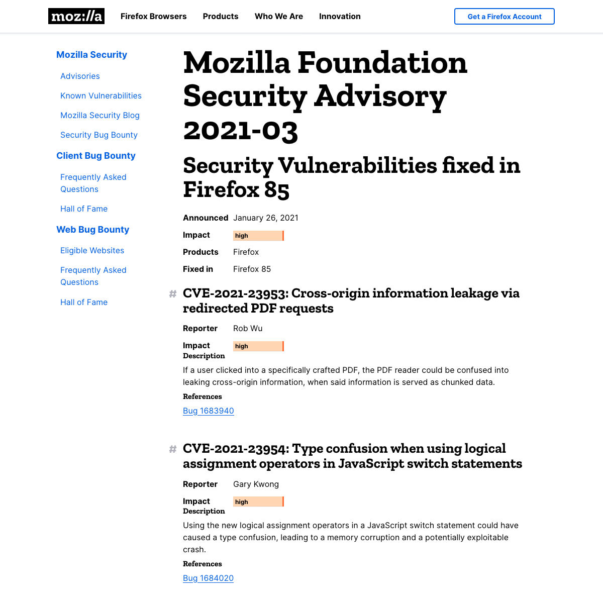 Security Vulnerabilities fixed in Firefox 85 — Mozilla