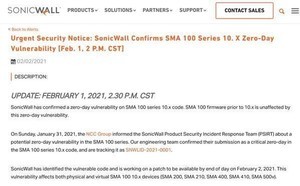 SonicWallのアプライアンス「SMA 100シリーズ」にゼロデイ脆弱性