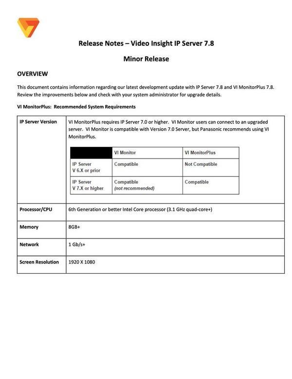 Release Notes – Video Insight IP Server 7.8 - Minor Release