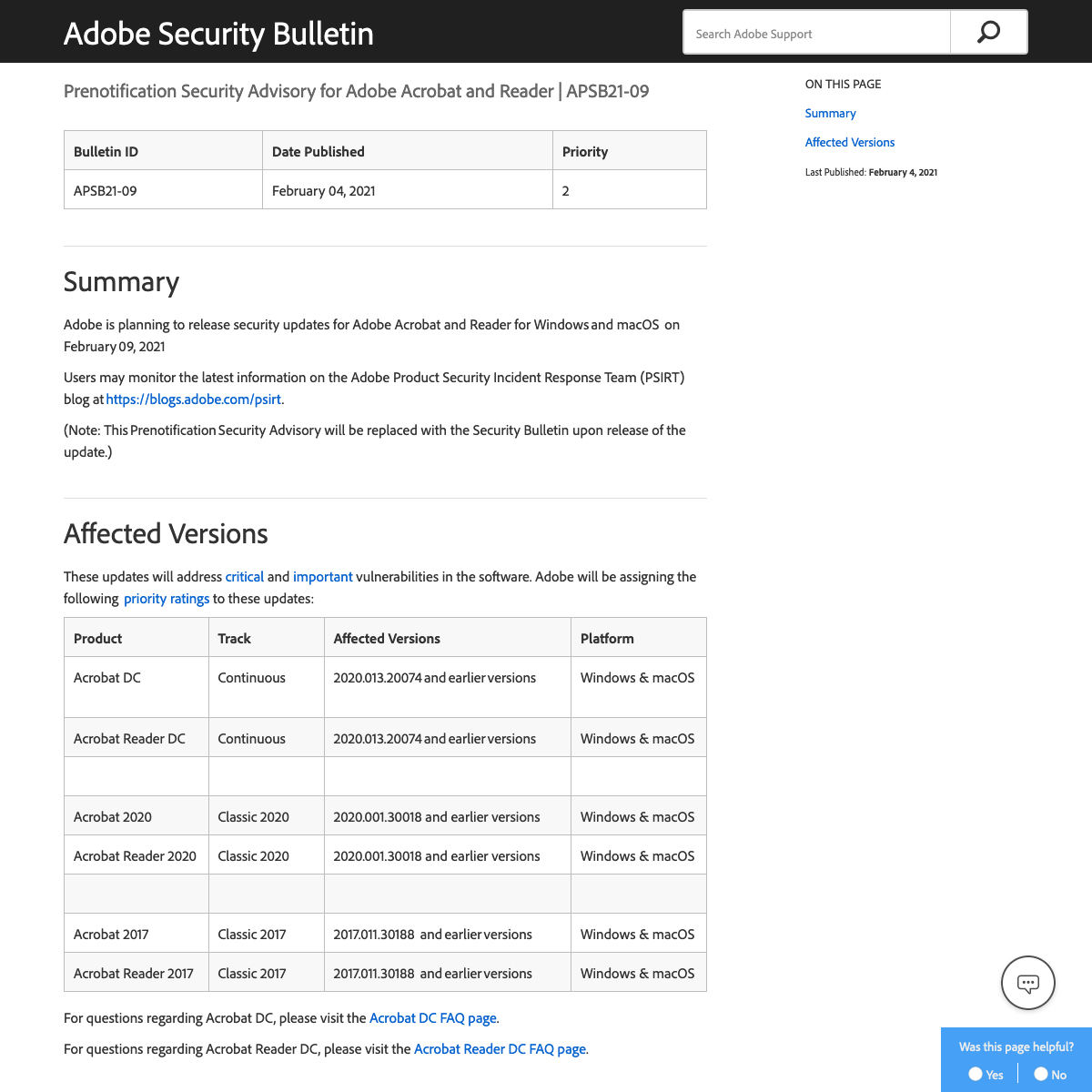 Adobe Security Bulletin - Prenotification Security Advisory for Adobe Acrobat and Reader｜APSB21-09