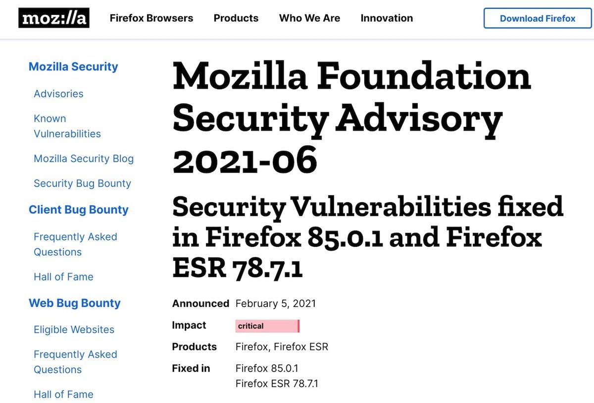 Security Vulnerabilities fixed in Firefox 85.0.1 and Firefox ESR 78.7.1 — Mozilla