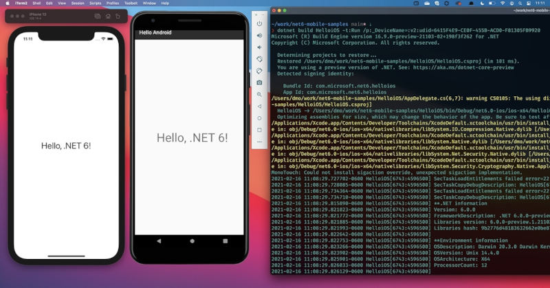 macOSのターミナルから、AndroidエミュレーターとiOSシミュレーターで同じアプリケーションを.NET 6で実行している(公式ブログより抜粋)