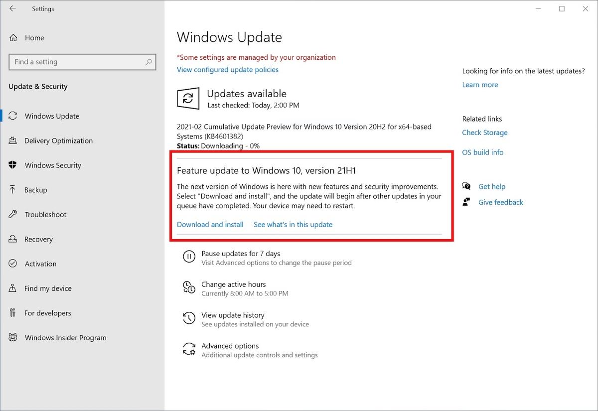 Insider ProgramのベータチャンネルではWindows Update経由で21H1をインストールできる