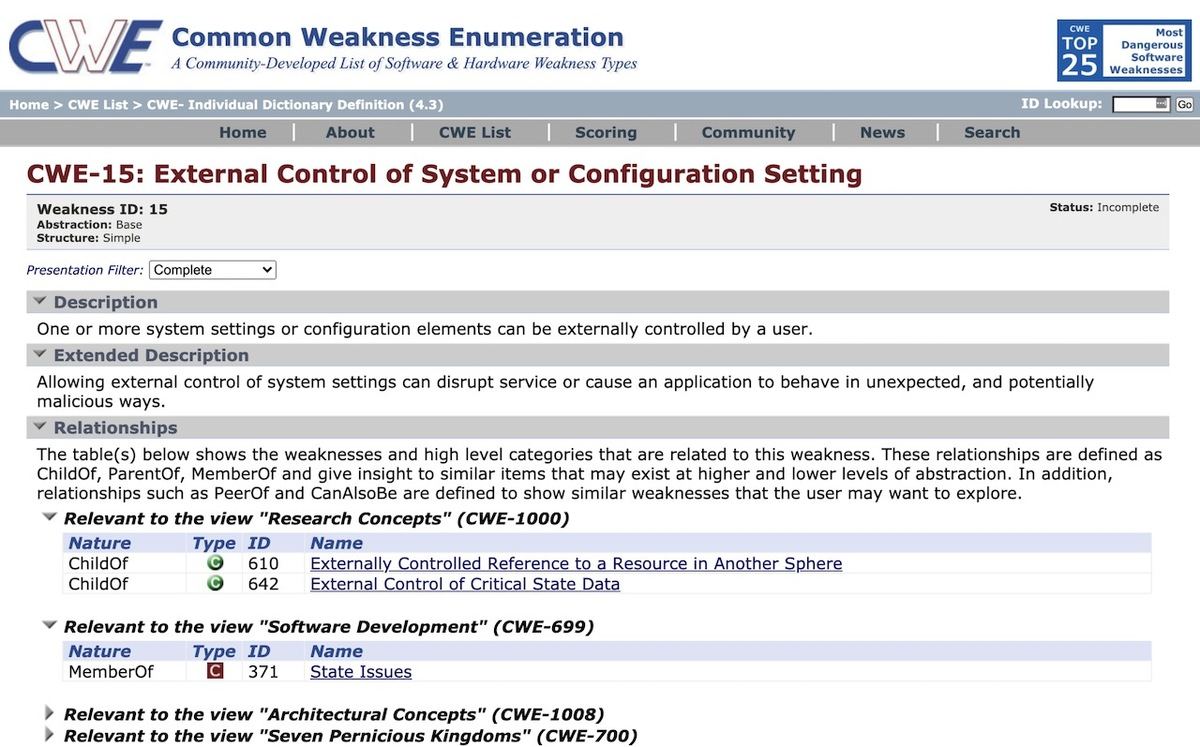 CWE - CWE-15: External Control of System or Configuration Setting (4.3)