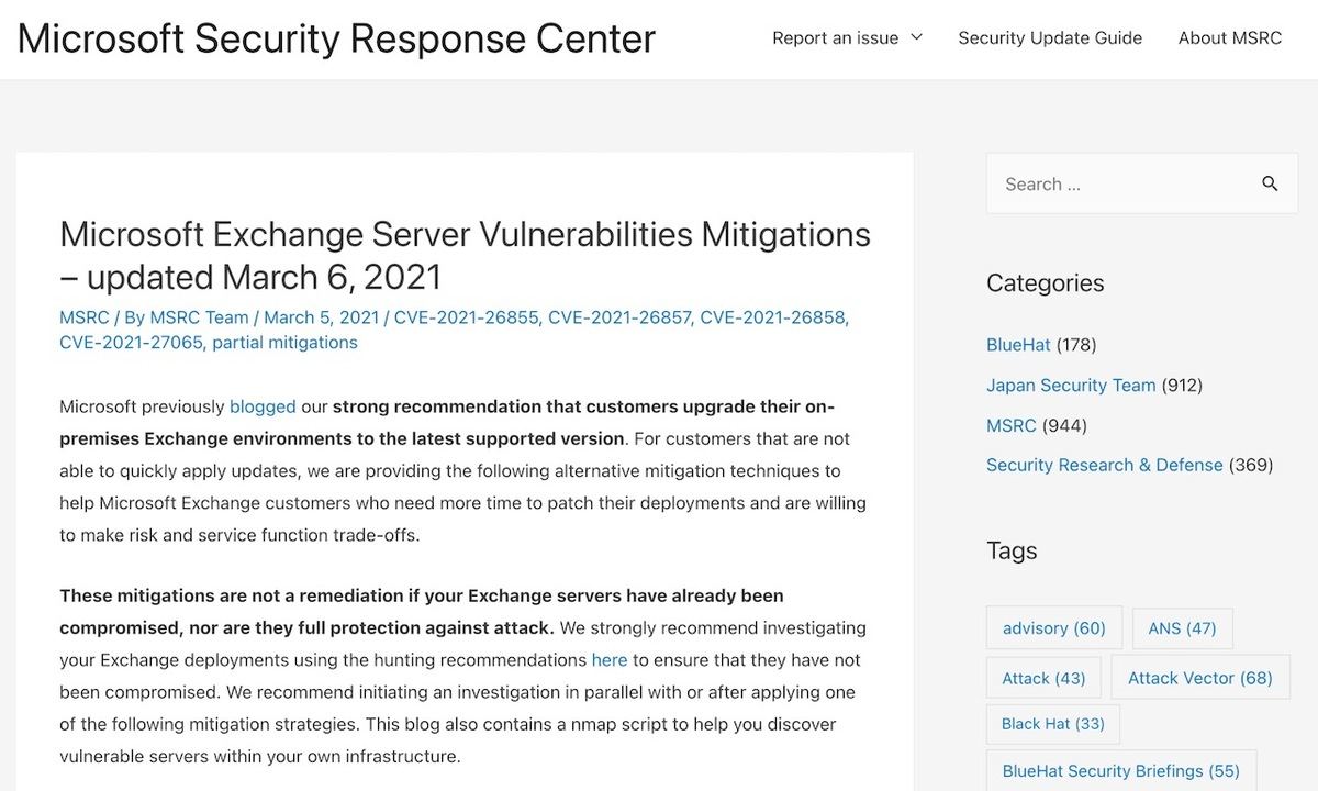 Microsoft Exchange Server Vulnerabilities Mitigations – updated March 6、2021 – Microsoft Security Response Center