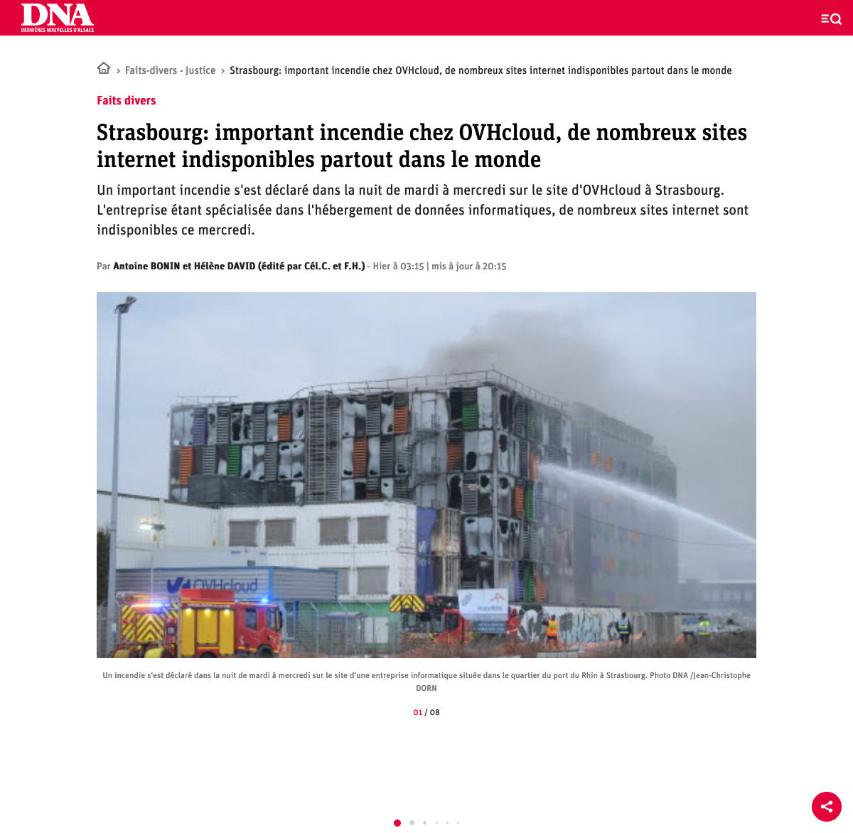 Faits divers. Strasbourg: important incendie chez OVHcloud、de nombreux sites internet indisponibles partout dans le monde