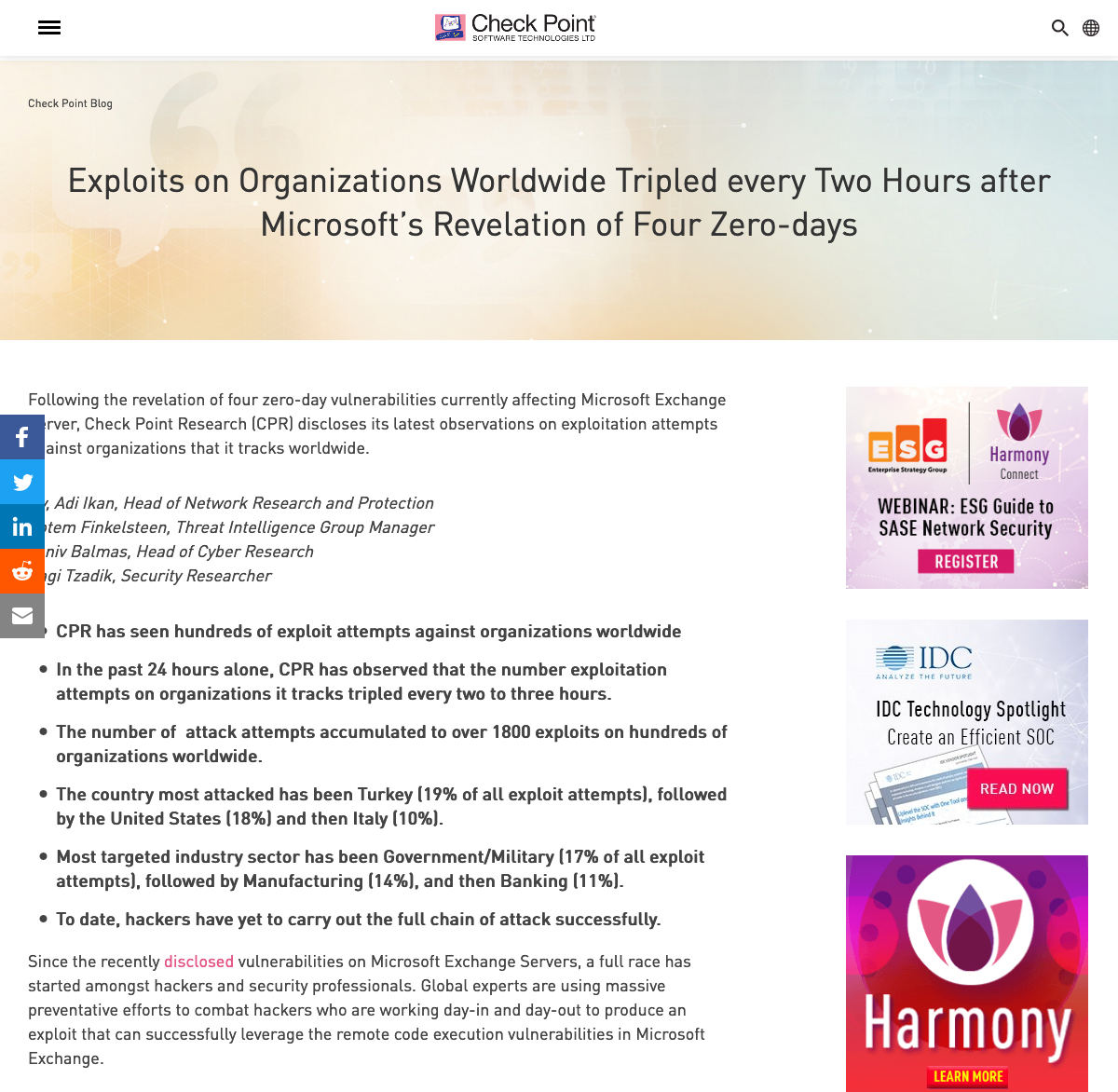 Exploits on Organizations Worldwide Grow Tenfold after Microsoft’s Revelation of Four Zero-days - Check Point Software - 2021年3月11日(米国時間)時点