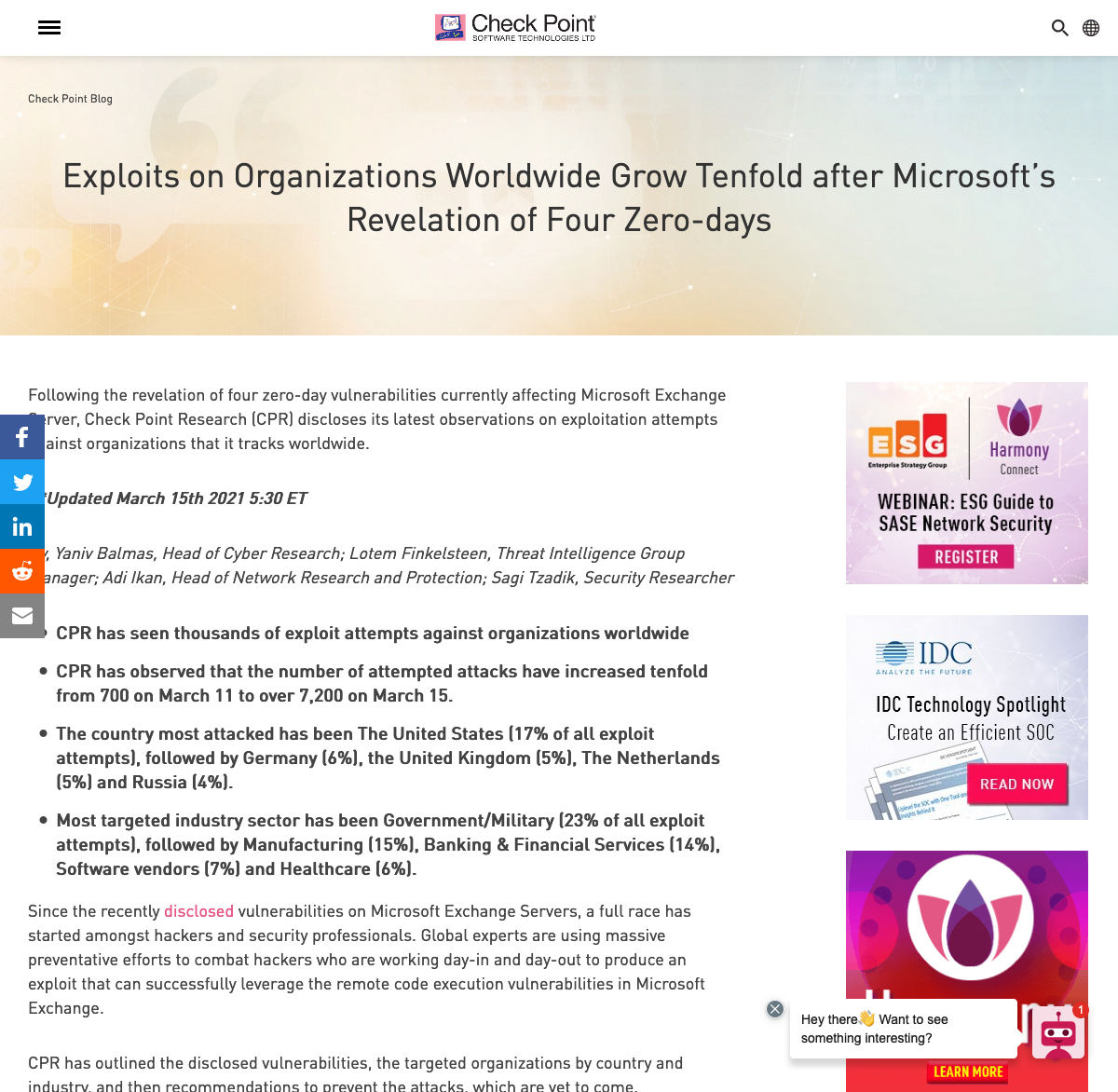 Exploits on Organizations Worldwide Grow Tenfold after Microsoft’s Revelation of Four Zero-days - Check Point Software - 2021年3月15日(米国時間)時点