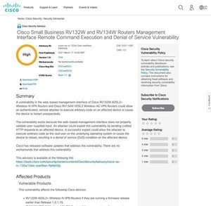 シスコのスモールビジネスルータに脆弱性、アップデートを