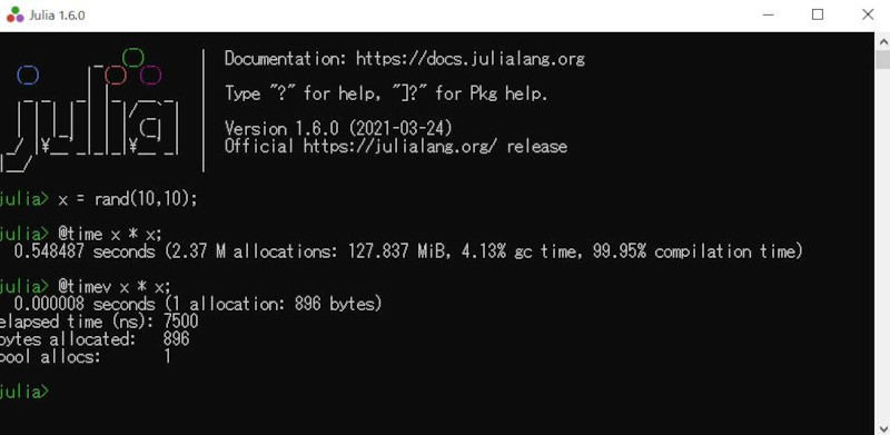 Julia v1.6実行画面