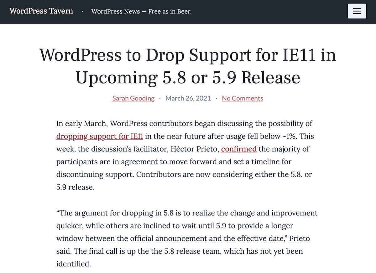 WordPress to Drop Support for IE11 in Upcoming 5.8 or 5.9 Release – WordPress Tavern