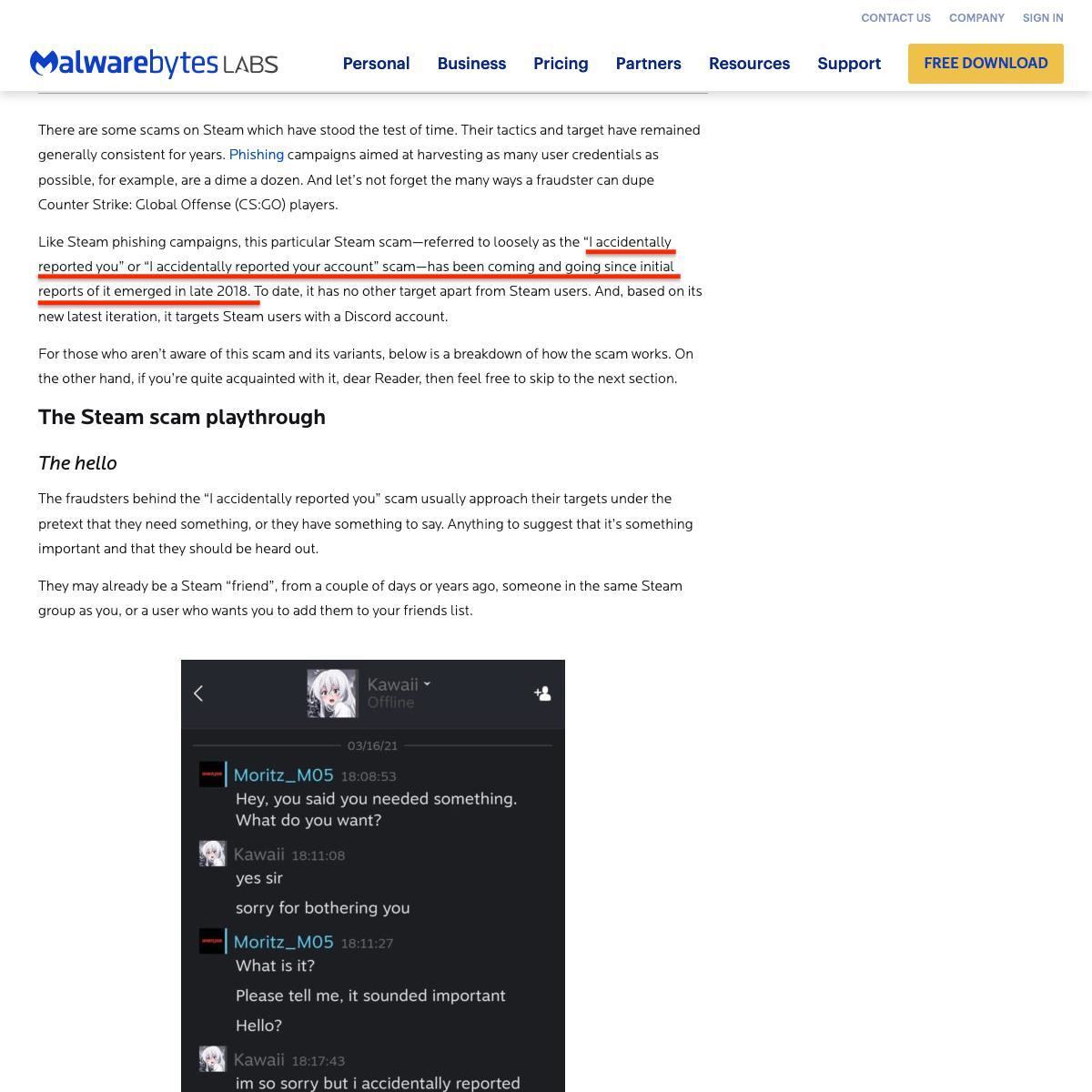 Steam users: Don’t fall for the “I accidentally reported you” scam - Malwarebytes Labs｜Malwarebytes Labs