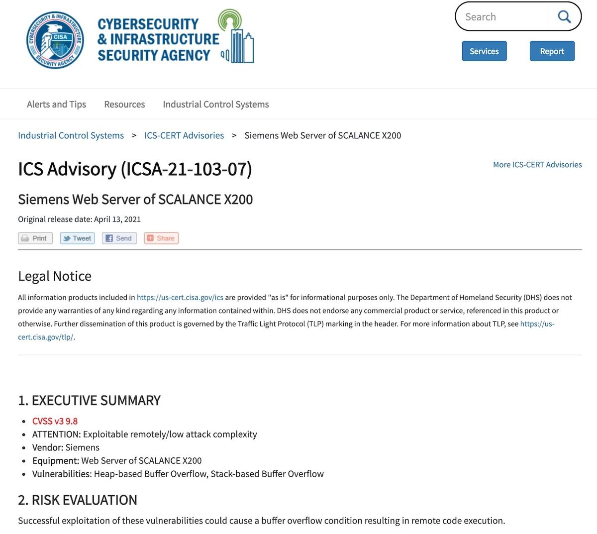 ICS Advisory (ICSA-21-103-07): Siemens Web Server of SCALANCE X200｜CISA