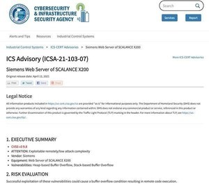Siemensの「SCALANCE X200」シリーズに搭載されたWebサーバに脆弱性