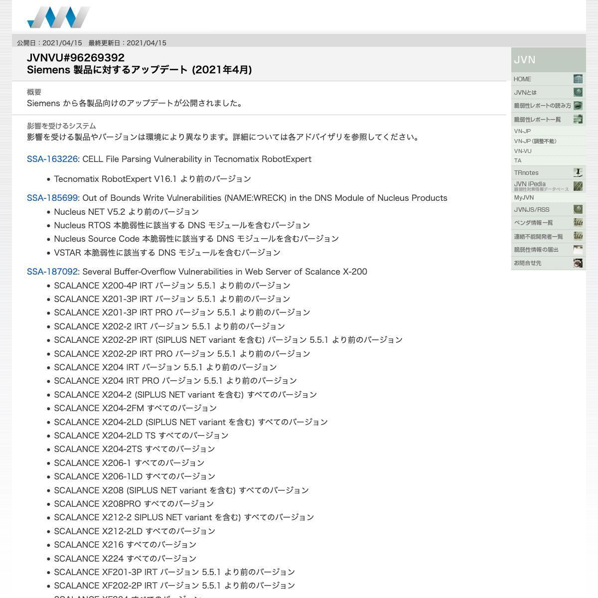 JVNVU#96269392: Siemens 製品に対するアップデート (2021年4月)