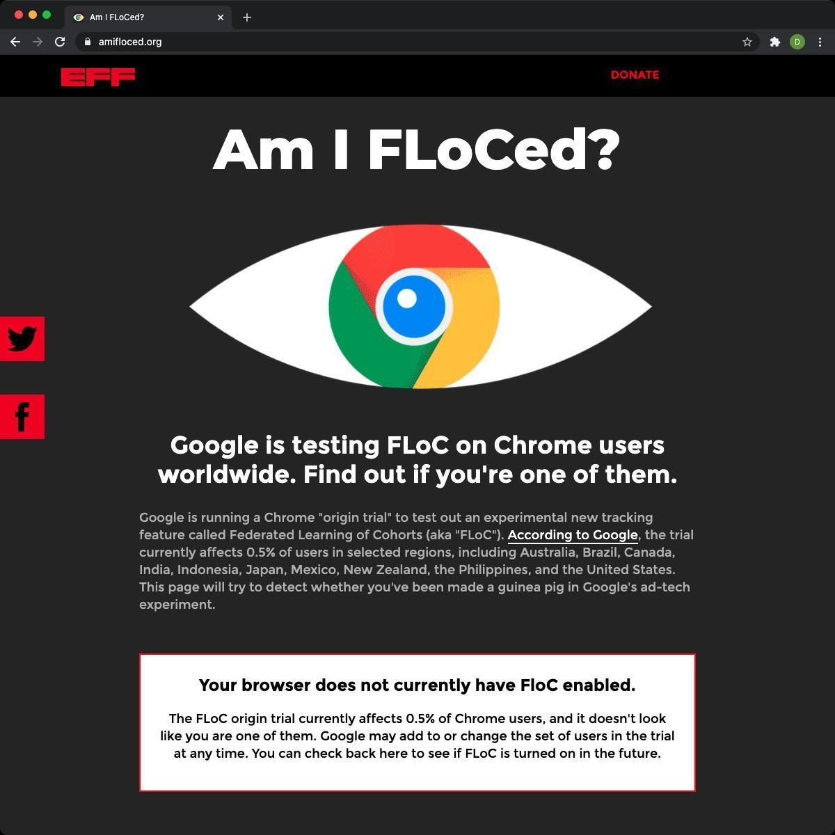 Google FLoCが有効化されていない旨の結果