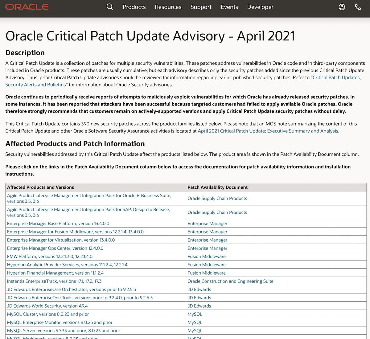 Oracle Critical Patch Update Advisory - April 2021