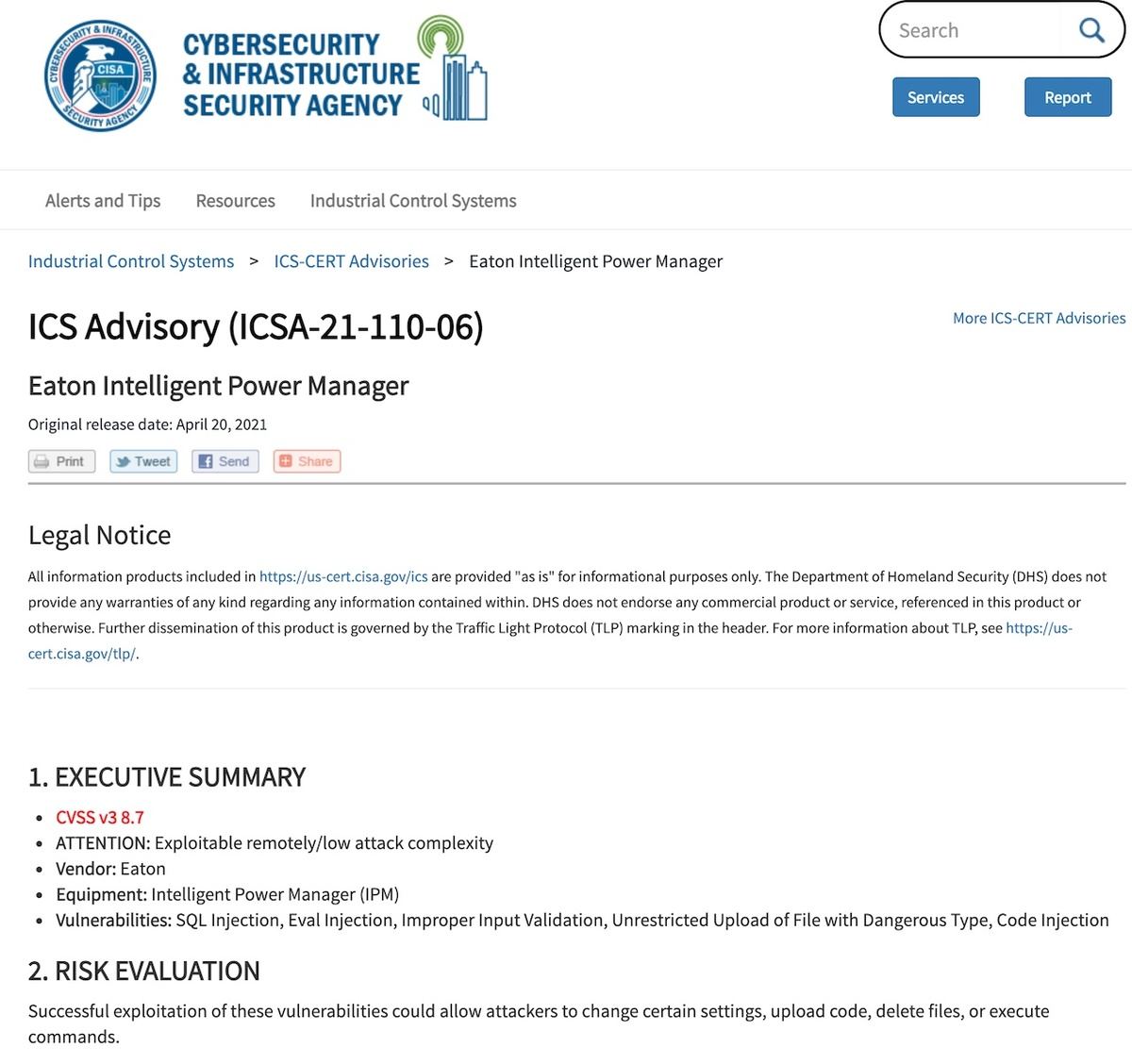 ICS Advisory (ICSA-21-110-06): Eaton Intelligent Power Manager