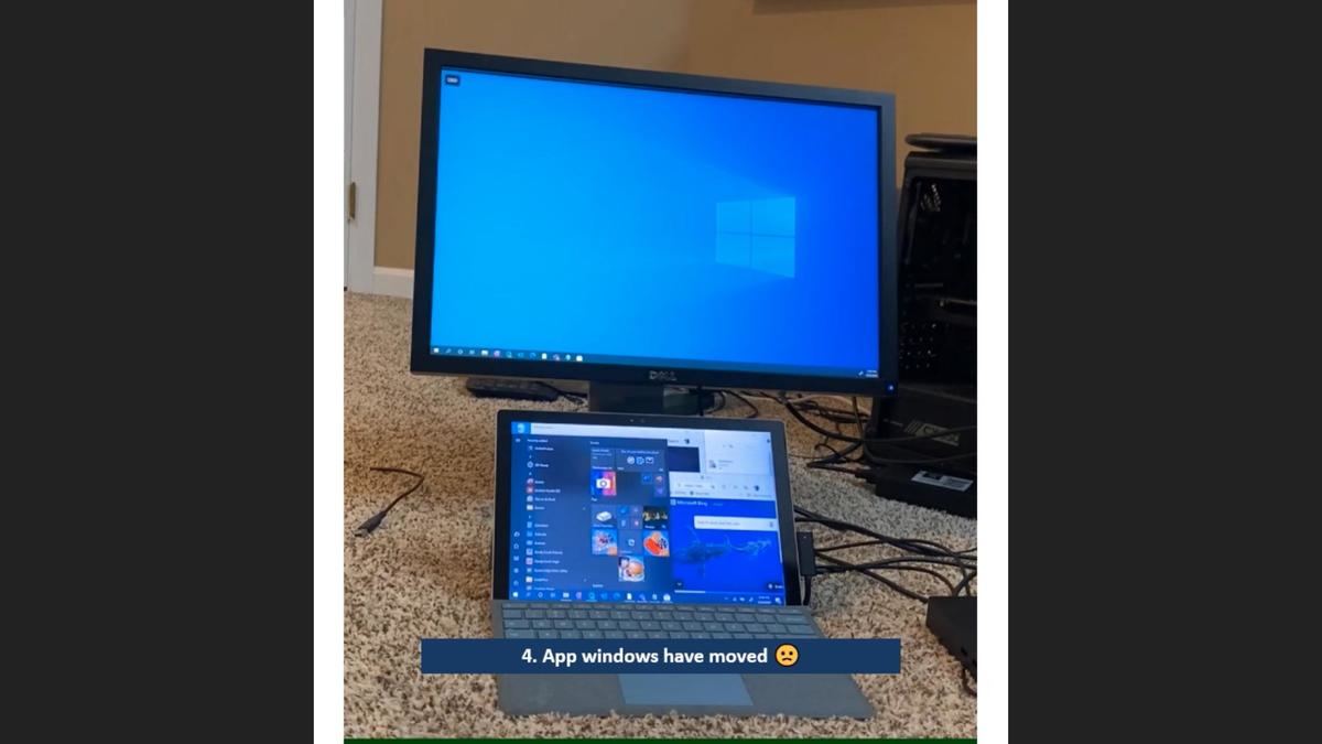 次に外部ディスプレイが認識されると、アプリケーションが外部ディスプレイからノートPCのディスプレイに意図せず移動してしまっている - 資料: Microsoft提供