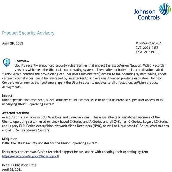 Product Security Advisory - April 29、2021 - JCI-PSA-2021-04