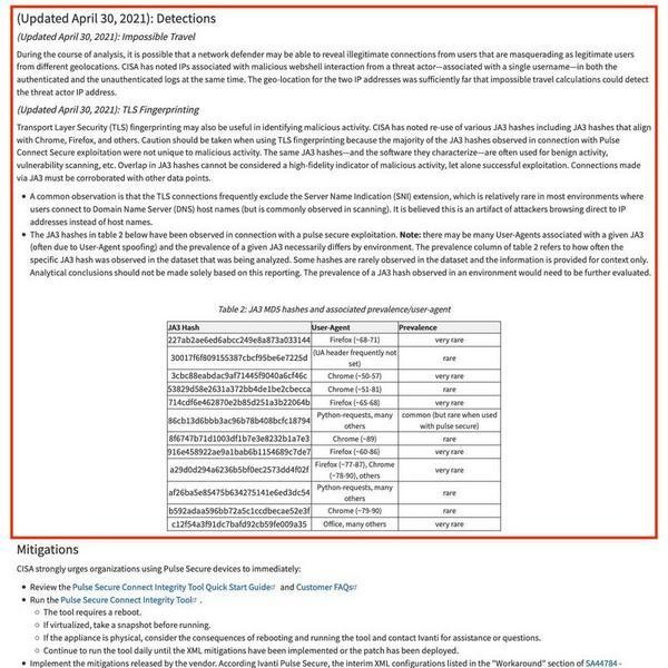 Exploitation of Pulse Connect Secure Vulnerabilities｜CISA において追加された部分