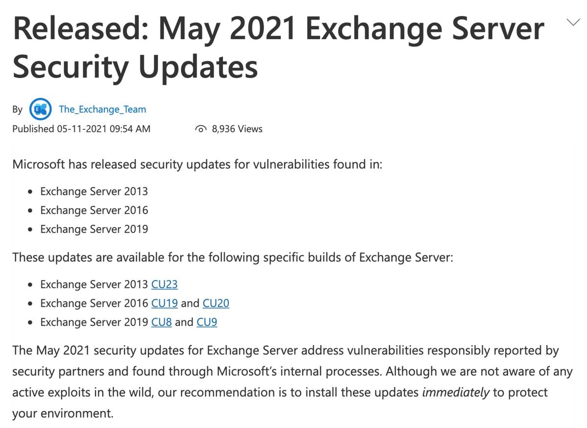 Microsoft、Exchange Serverの5月のセキュリティ更新プログラムリリース | TECH+（テックプラス）